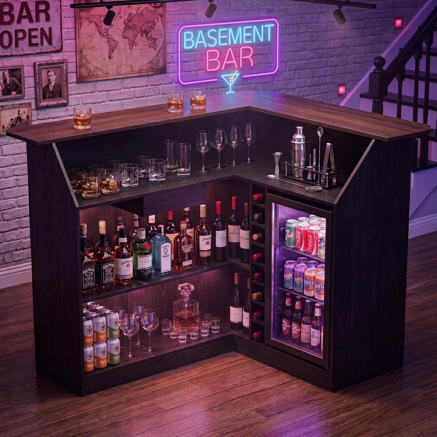Home Bar And Fridge - L Shaped Home Bar Unit With