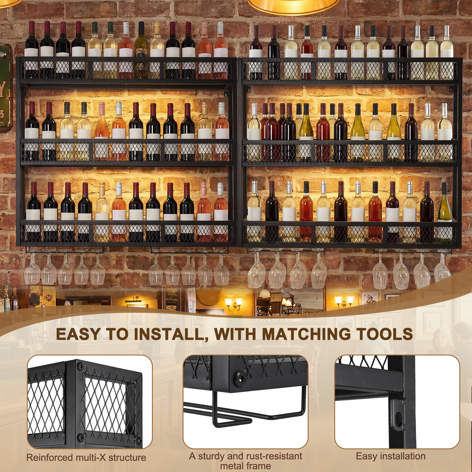 Home Bar Shelves - 39in 3-Tiers Wall Mounted Wine Rack